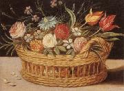 unknow artist Still life of roses,tulips,chyrsanthemums and cornflowers,in a wicker basket,upon a ledge Spain oil painting artist